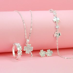 Bộ trang sức bạc cỏ 4 lá đính đá đẹp